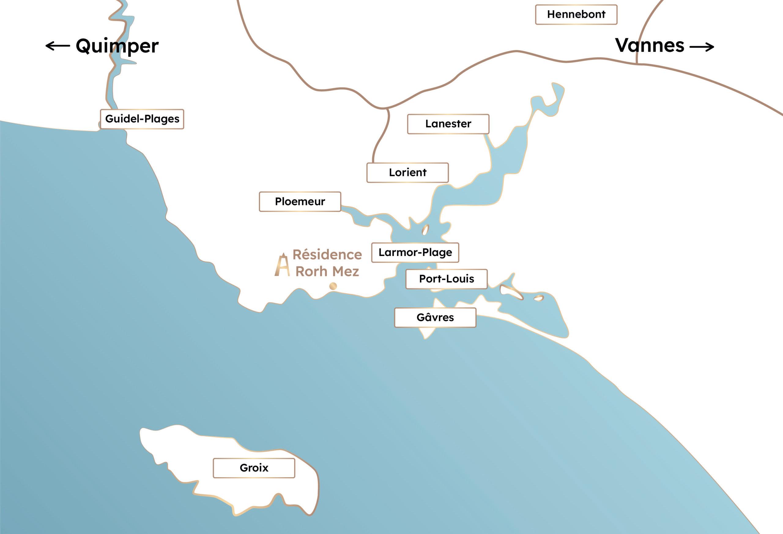 Plan de situation de la résidence Rorh Mez dans le morbihan par rapport à Lorient, Guidel-plages, Larmor-plage, etc